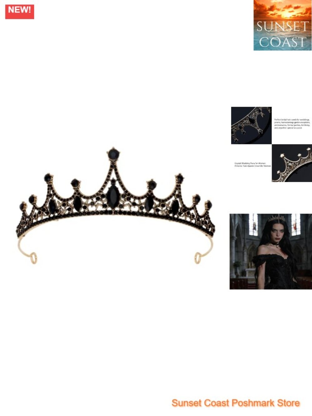 Gothic Gold Metal Tiara Crown with Black Crystals, Hallowe